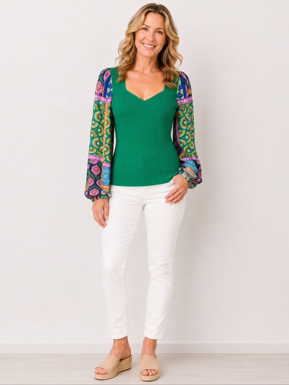 Bailey 44 Rib Knit Mixed Media Puff Sleeve Sweater Top Green NWT Large